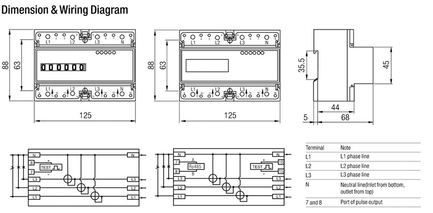 Three Phase Four Wire Din Rail Pluse Power Meter