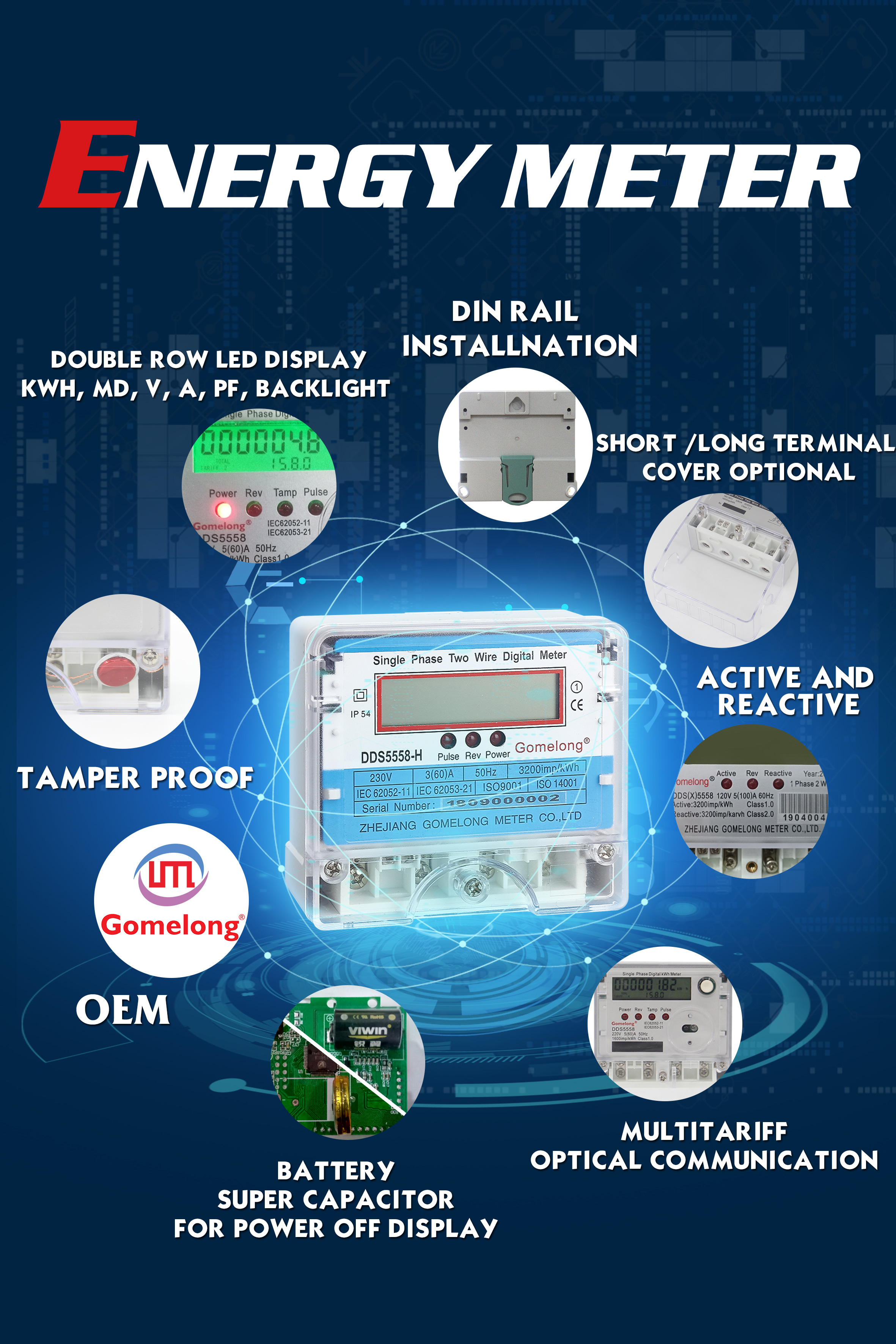 Single Phase Long Terminal Cover Meter Energy Meter