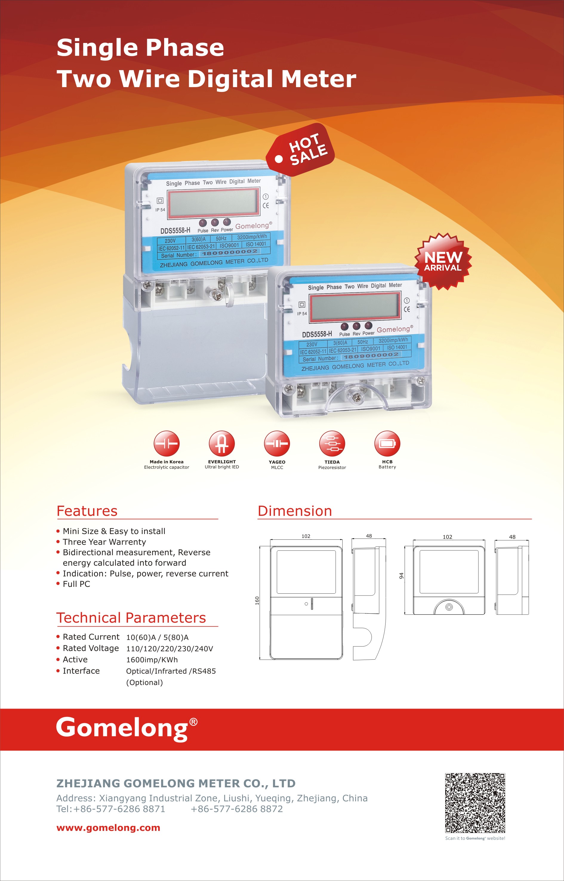 Single Phase Long Terminal Cover Meter Energy Meter